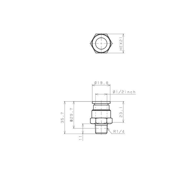 Đầu Nối Nhanh Khí Nén Dạng Thẳng Thân Lục Giác Ren Ngoài Pisco PC1/2-02_drawing