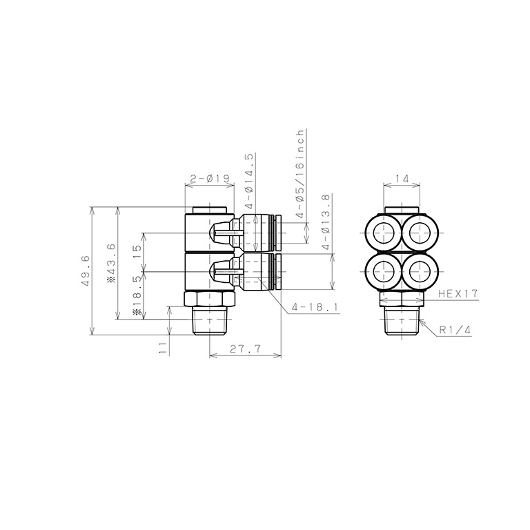 Đầu Nối Nhanh Khí Nén Bốn Nhánh Cong 90° Thân Lục Giác Trụ Ren Ngoài Pisco PAW5/16-02_drawing
