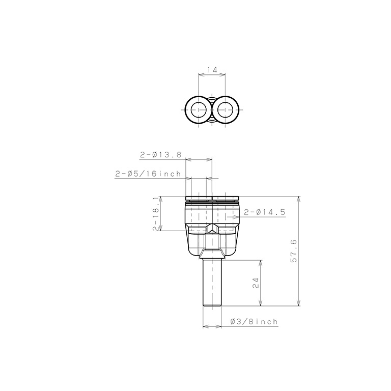 Đầu Nối Nhanh Khí Nén Giữa Ống Khí Và Fitting Dạng Nối Giảm Chữ Y Pisco PWJ3/8-5/16-C_drawing