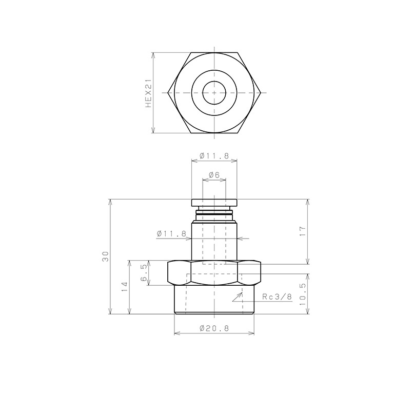 Đầu Nối Nhanh Khí Nén Dạng Thẳng Ren Trong Pisco PCF6-03W_drawing