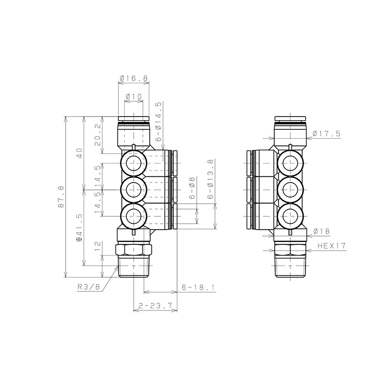 Đầu Nối Nhanh Khí Nén Dạng Chữ T Sáu Nhánh Ren Ngoài Pisco PKVD10-8-03-C_drawing