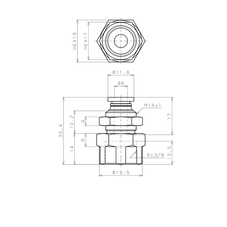 Đầu Nối Nhanh Khí Nén Dạng Thẳng Ren Trong Ngoài Pisco PMF6-03W-C_drawing