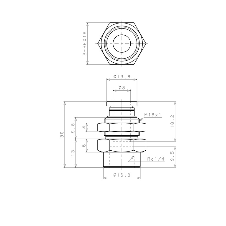 Đầu Nối Nhanh Khí Nén Dạng Thẳng Ren Trong Ngoài Pisco PMF8-02-UC_drawing