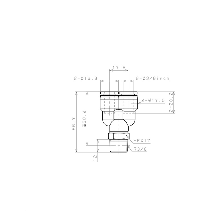 Đầu Nối Nhanh Khí Nén Dạng Chữ Y Ren Ngoài Pisco PX3/8-03W_drawing