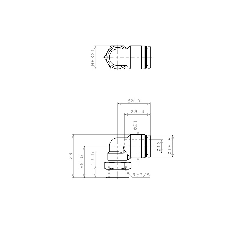 Đầu Nối Nhanh Khí Nén Dạng Cong 90° Ren Trong Pisco PLF12-03-C_drawing