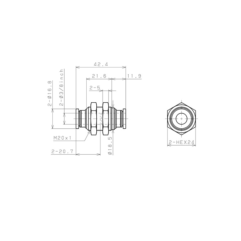 Đầu Nối Nhanh Khí Nén Dạng Thẳng Ren Ngoài Lắp Kẹp Vách Pisco PM3/8W-C_drawing