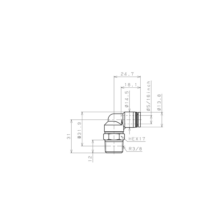 Đầu Nối Nhanh Khí Nén Dạng Cong 90° Ren Ngoài Pisco PL5/16-03_drawing