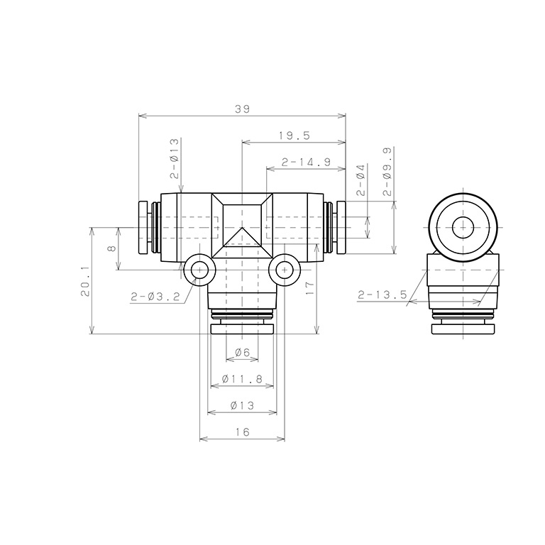 Đầu Nối Nhanh Khí Nén Chữ T Dạng Nối Giảm Pisco PEG4-6W_drawing