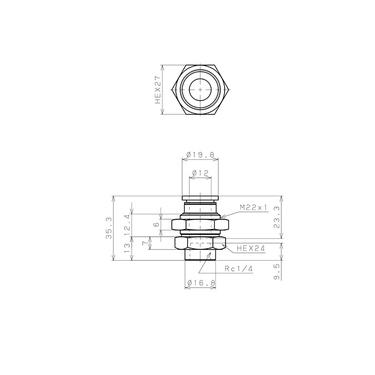 Đầu Nối Nhanh Khí Nén Dạng Thẳng Ren Trong Ngoài Pisco PMF12-02-C_drawing