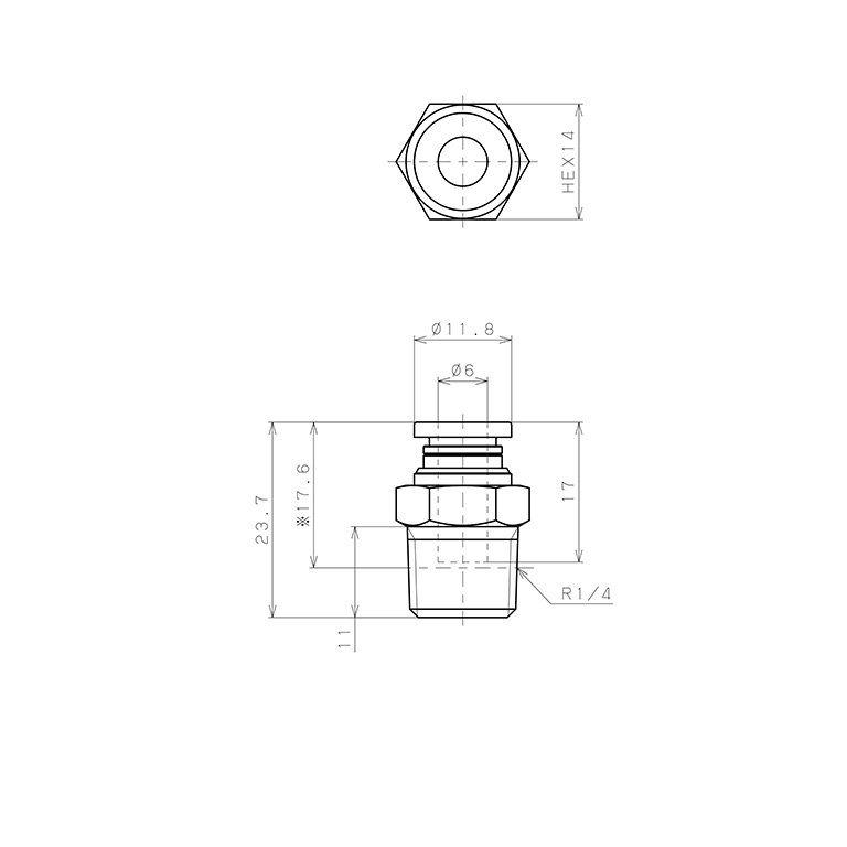 Đầu Nối Nhanh Khí Nén Dạng Thẳng Thân Lục Giác Ren Ngoài Pisco PC6-02W-C_drawing