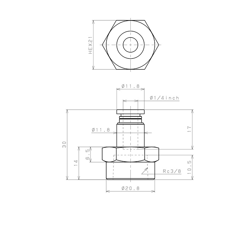 Đầu Nối Nhanh Khí Nén Dạng Thẳng Ren Trong Pisco PCF1/4-03_drawing