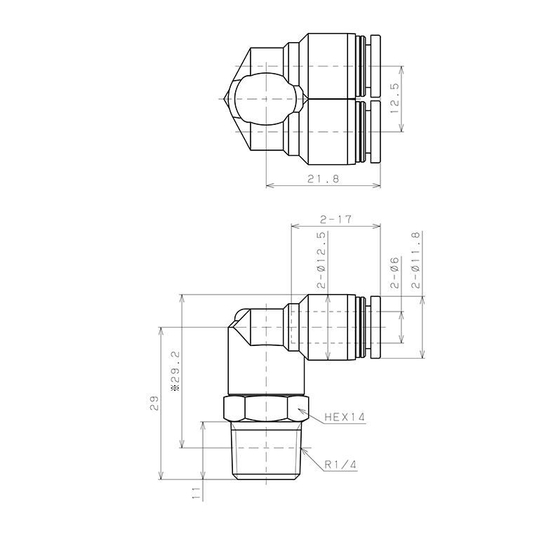 Đầu Nối Nhanh Khí Nén Hai Nhánh Cong 90° Ren Ngoài Pisco PAX6-02_drawing