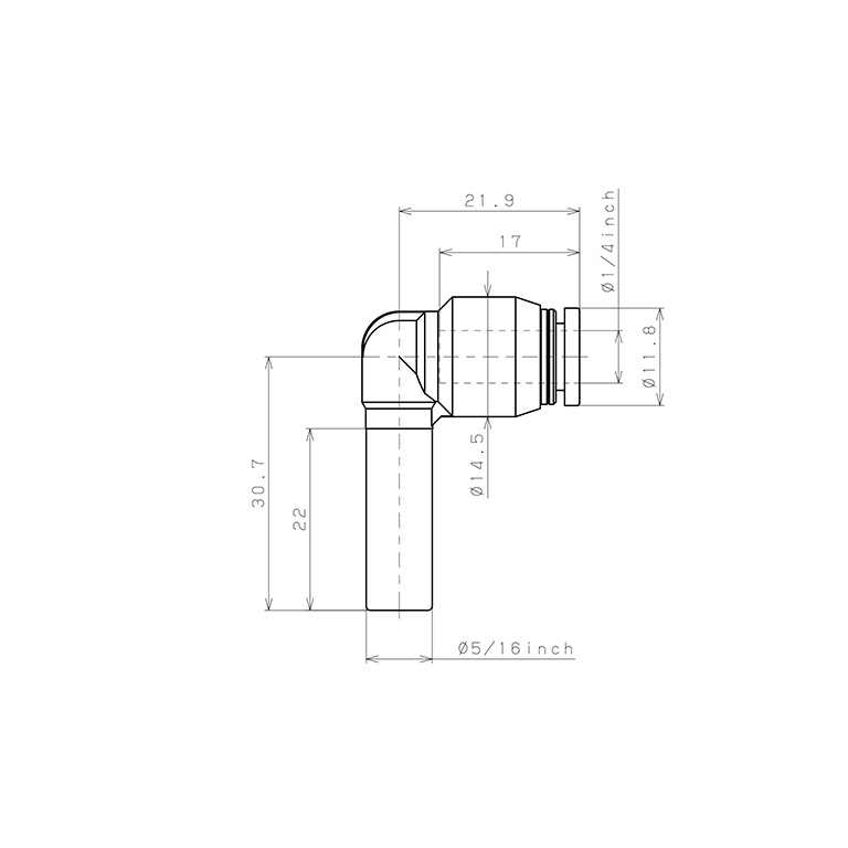 Đầu Nối Nhanh Khí Nén Giữa Ống Khí Và Fitting Dạng Nối Giảm Cong 90° Pisco PLGJ5/16-1/4_drawing