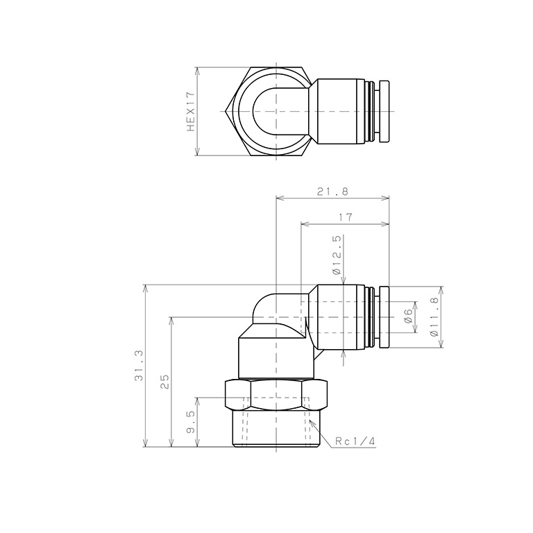 Đầu Nối Nhanh Khí Nén Dạng Cong 90° Ren Trong Pisco PLF6-02-UC_drawing