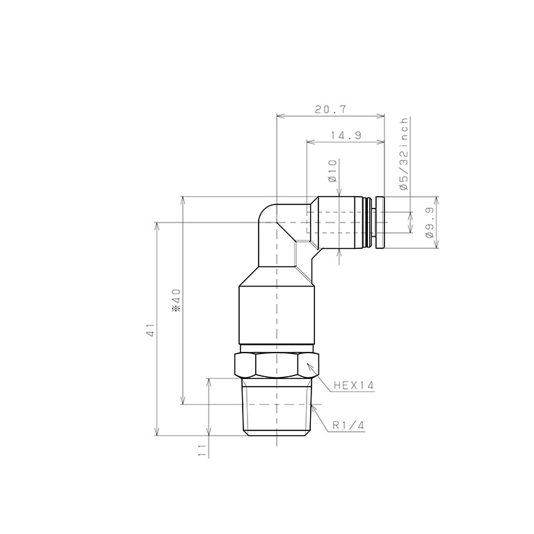 Đầu Nối Nhanh Khí Nén Dạng Cong 90° Ren Ngoài (Dài) Pisco PLL5/32-02_drawing