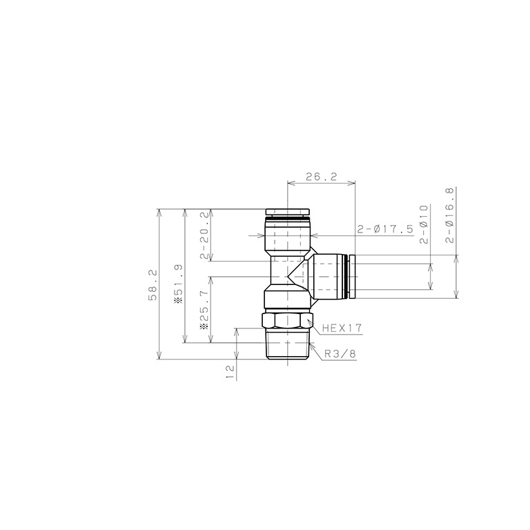 Đầu Nối Nhanh Khí Nén Dạng Chữ T Ren Ngoài Pisco PD10-03_drawing
