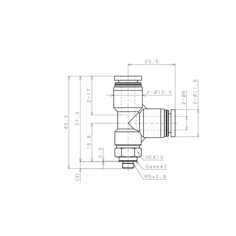 Đầu Nối Nhanh Khí Nén Dạng Chữ T Ren Ngoài Pisco PD6-M5-C_drawing