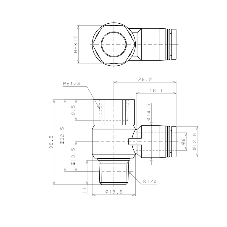 Đầu Nối Nhanh Khí Nén Cong 90° Đầu Lục Giác Trụ Ren Đực Cái Pisco PHF8-02_drawing