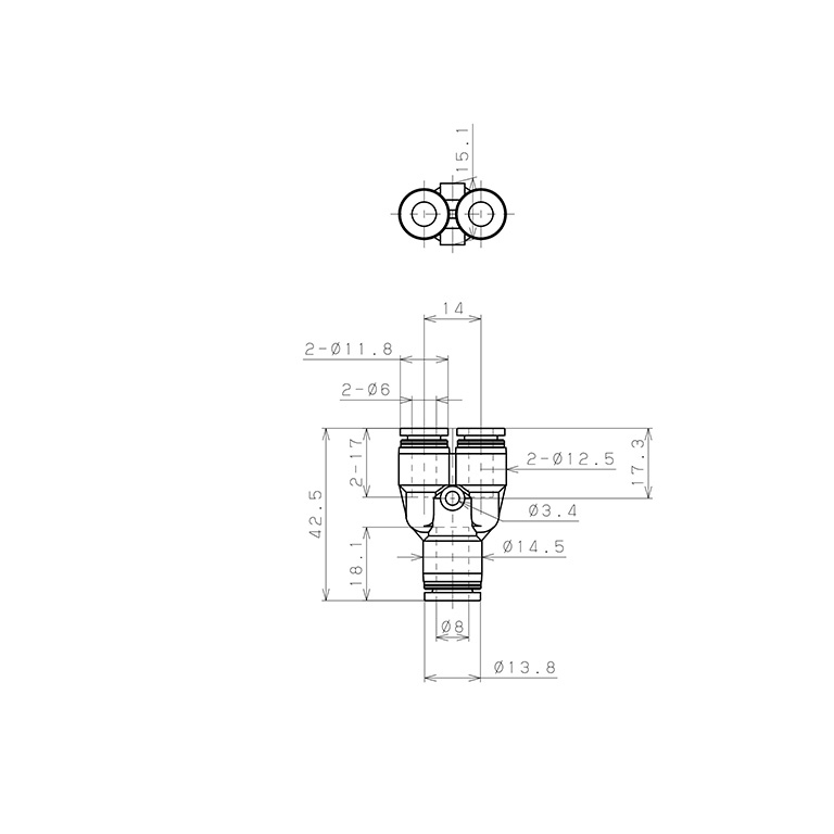 Đầu Nối Nhanh Khí Nén Chữ Y Dạng Nối Giảm Pisco PW8-6W-C_drawing