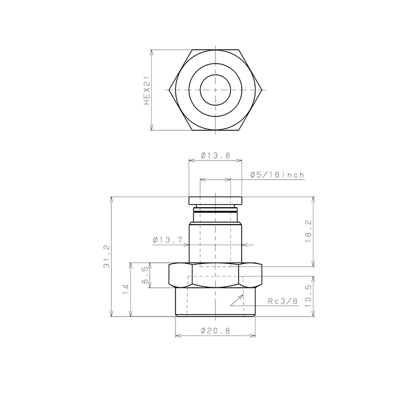 Đầu Nối Nhanh Khí Nén Dạng Thẳng Ren Trong Pisco PCF5/16-03-C_drawing