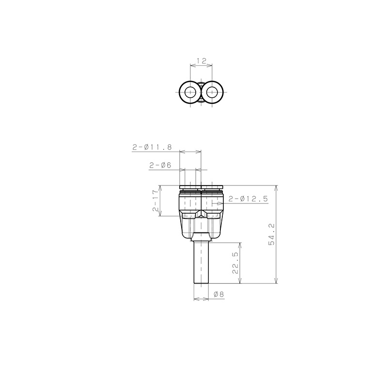 Đầu Nối Nhanh Khí Nén Giữa Ống Khí Và Fitting Dạng Nối Giảm Chữ Y Pisco PWJ8-6-C_drawing