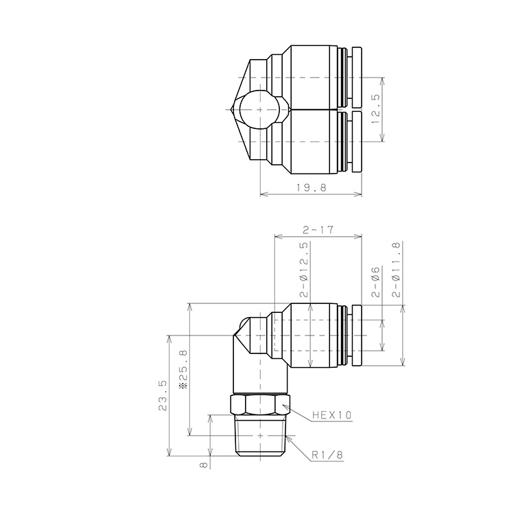 Đầu Nối Nhanh Khí Nén Hai Nhánh Cong 90° Ren Ngoài Pisco PAX6-01-UC_drawing