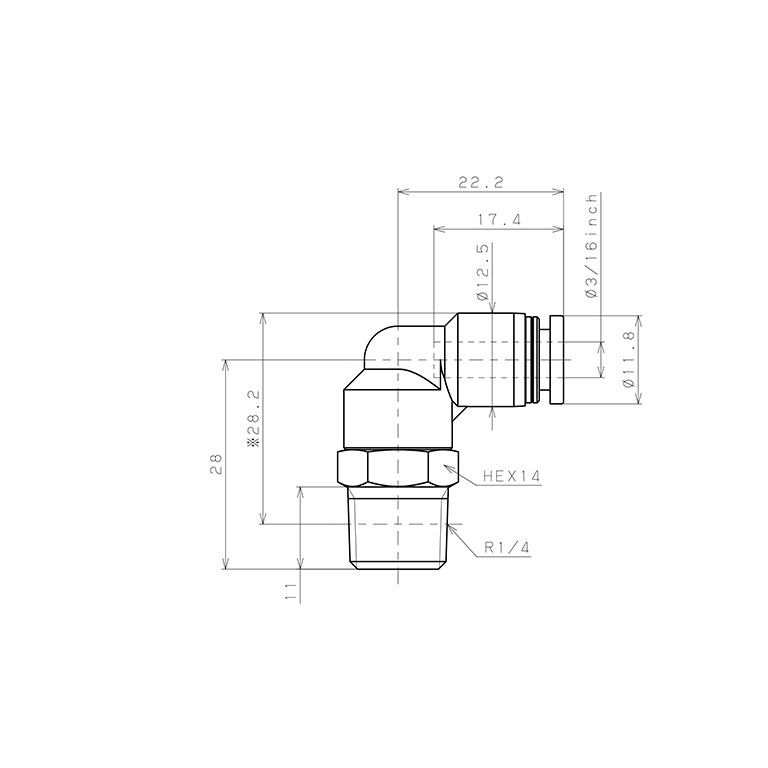 Đầu Nối Nhanh Khí Nén Dạng Cong 90° Ren Ngoài Pisco PL3/16-02W_drawing
