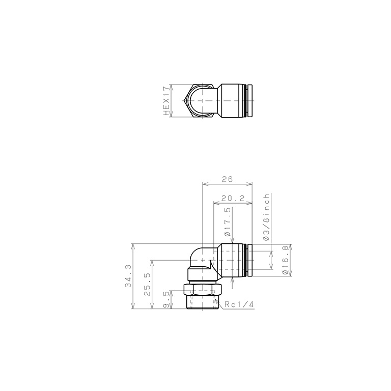 Đầu Nối Nhanh Khí Nén Dạng Cong 90° Ren Trong Pisco PLF3/8-02_drawing