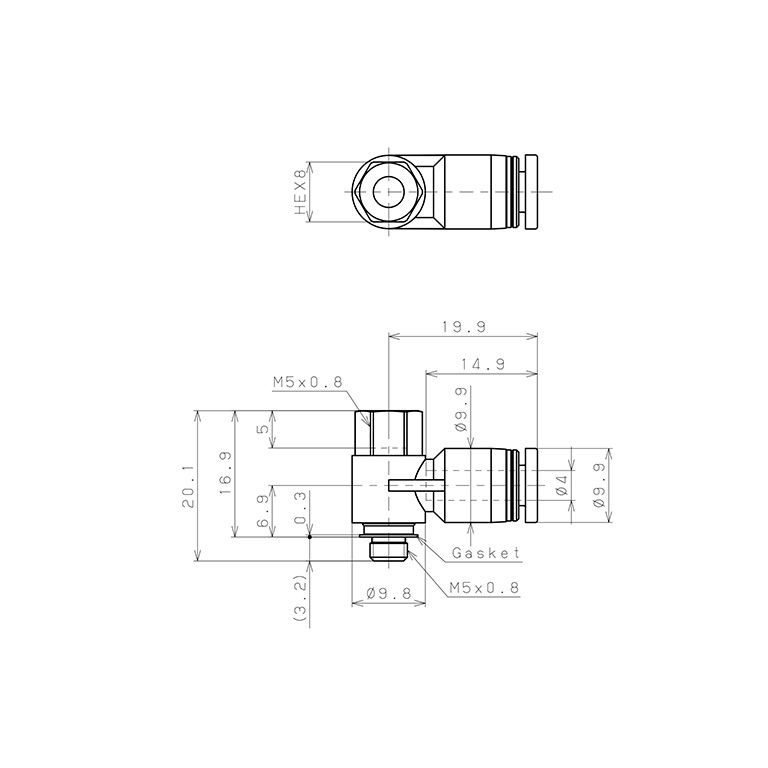 Đầu Nối Nhanh Khí Nén Cong 90° Đầu Lục Giác Trụ Ren Đực Cái Pisco PHF4-M5-C_drawing