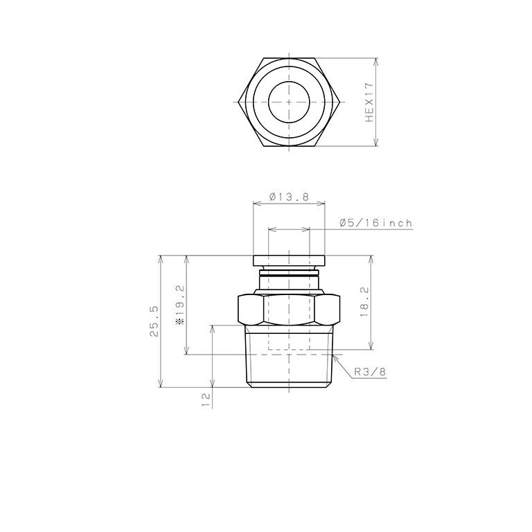 Đầu Nối Nhanh Khí Nén Dạng Thẳng Thân Lục Giác Ren Ngoài Pisco PC5/16-03-C_drawing