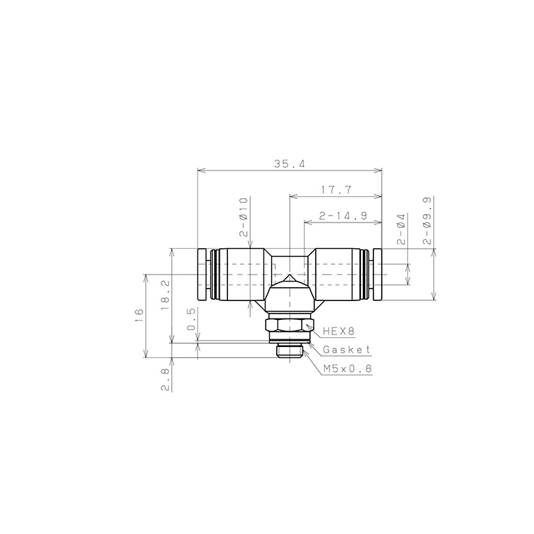 Đầu Nối Nhanh Khí Nén Dạng Chữ T Ren Ngoài Pisco PB4-M5_drawing