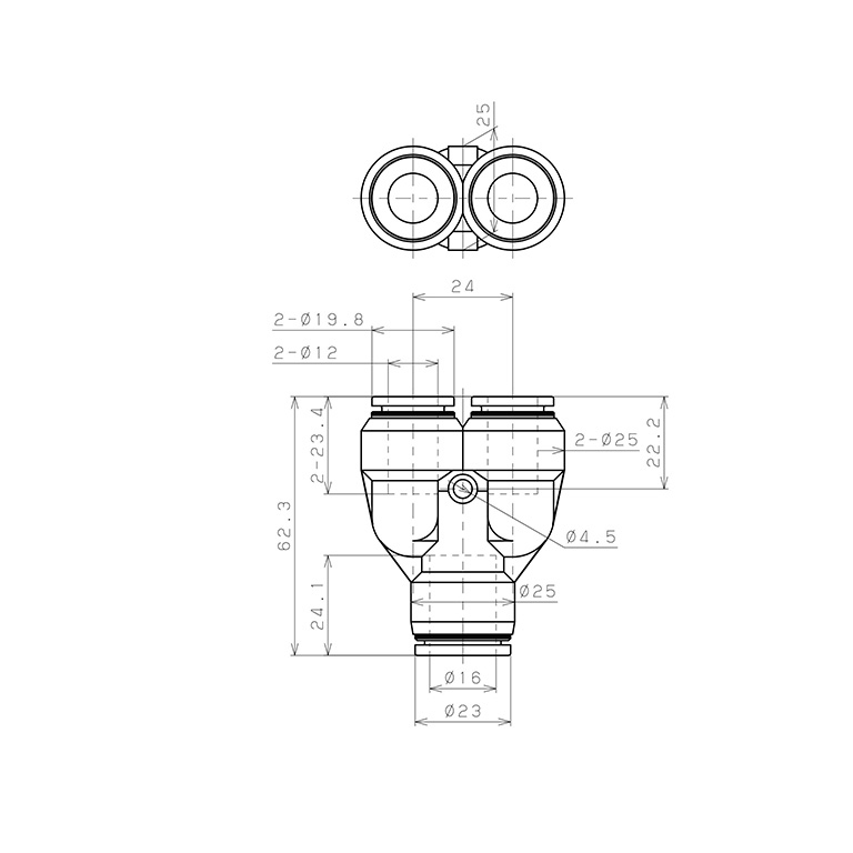 Đầu Nối Nhanh Khí Nén Chữ Y Dạng Nối Giảm Pisco PW16-12_drawing