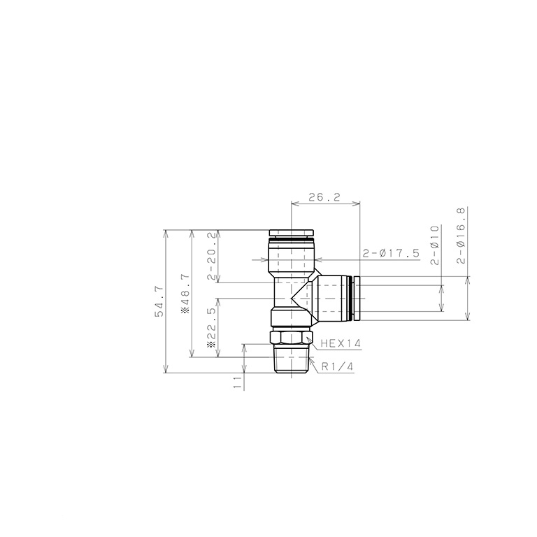Đầu Nối Nhanh Khí Nén Dạng Chữ T Ren Ngoài Pisco PD10-02_drawing