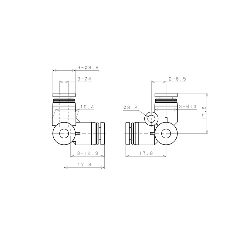 Đầu Nối Nhanh Khí Nén Chạc Ba 90° Pisco PVU4W_drawing