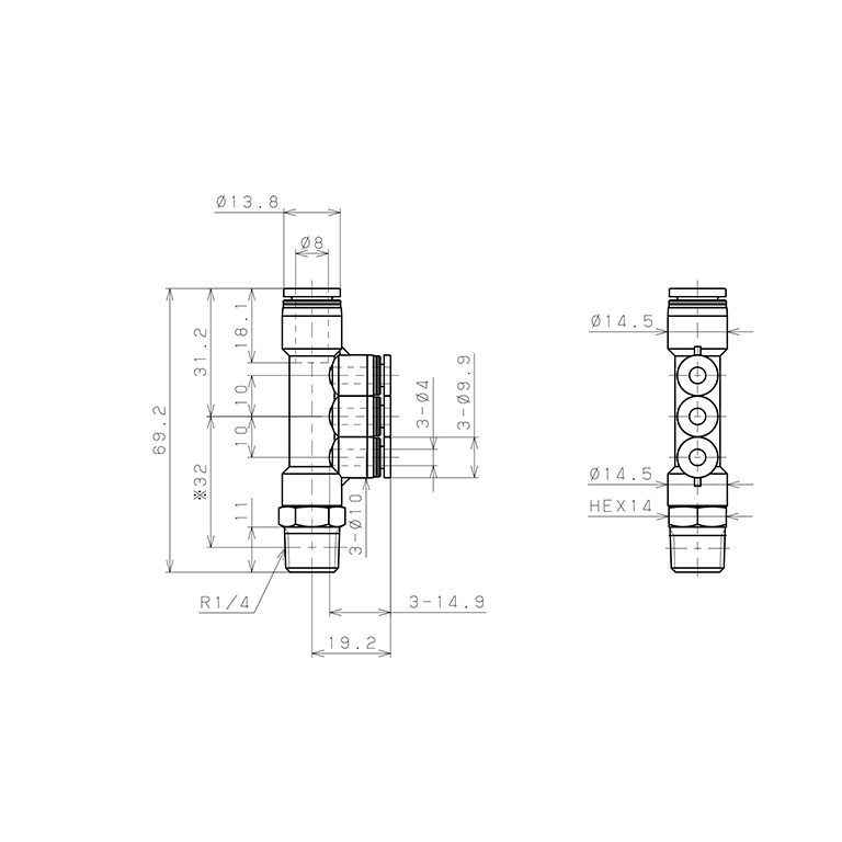 Đầu Nối Nhanh Khí Nén Dạng Chữ T Bốn Nhánh Ren Ngoài Pisco PKD8-4-02_drawing