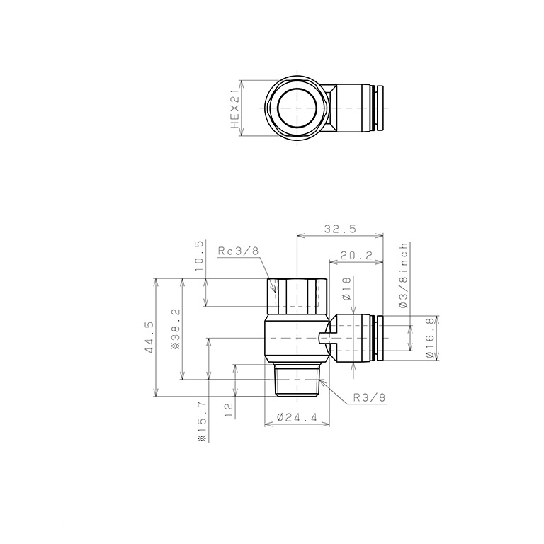 Đầu Nối Nhanh Khí Nén Cong 90° Đầu Lục Giác Trụ Ren Đực Cái Pisco PHF3/8-03_drawing