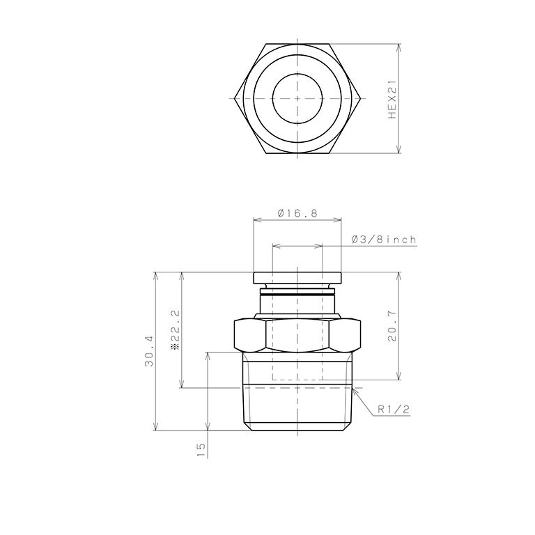 Đầu Nối Nhanh Khí Nén Dạng Thẳng Thân Lục Giác Ren Ngoài Pisco PC3/8-04-C_drawing