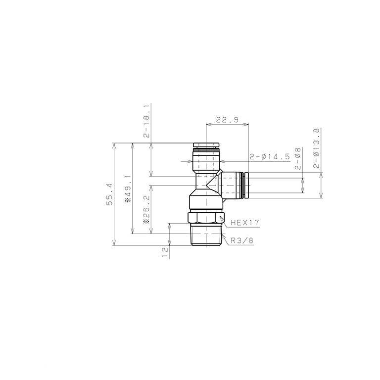 Đầu Nối Nhanh Khí Nén Dạng Chữ T Ren Ngoài Pisco PD8-03W-C_drawing