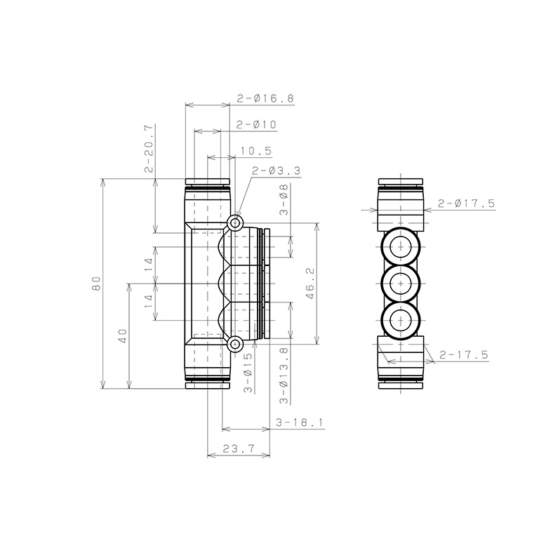 Đầu Nối Nhanh Khí Nén Chữ T 5 Ngã Dạng Nối Giảm Pisco PKG10-8-C_drawing