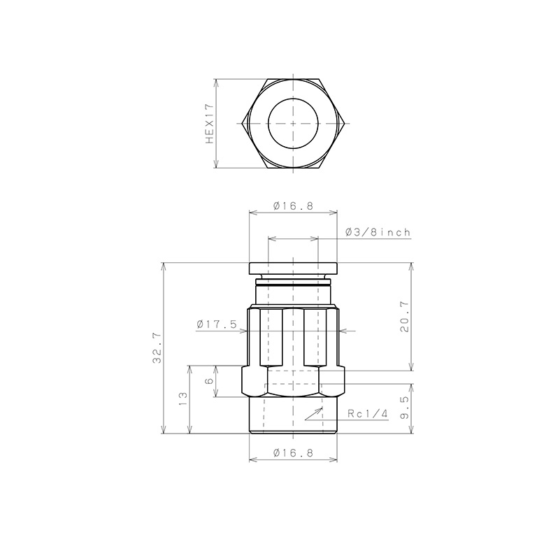 Đầu Nối Nhanh Khí Nén Dạng Thẳng Ren Trong Pisco PCF3/8-02-UC_drawing