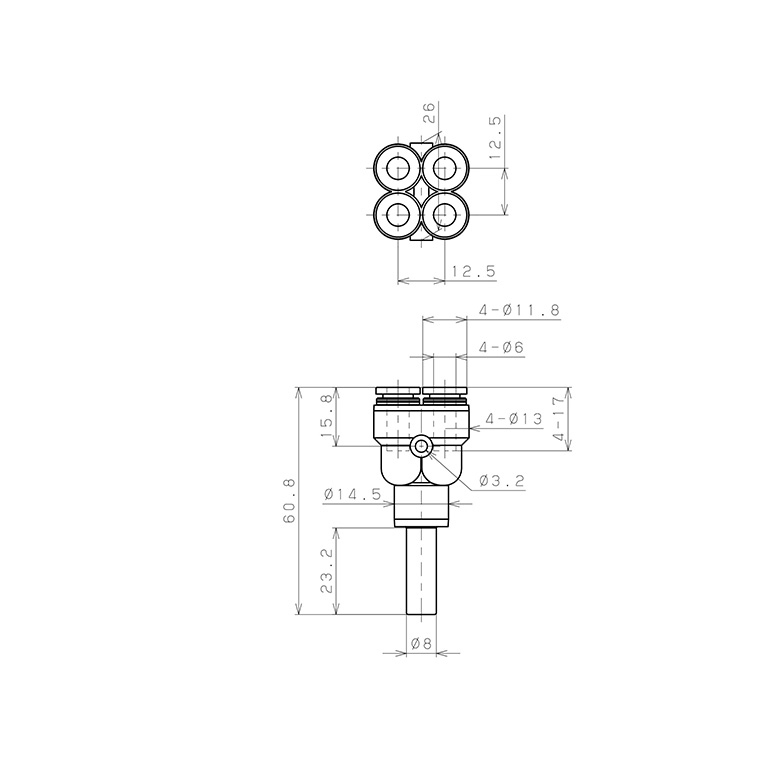 Đầu Nối Nhanh Khí Nén Giữa Ống Khí Và Fitting Bốn Nhánh Dạng Chữ Y Pisco PRJ8-6W_drawing