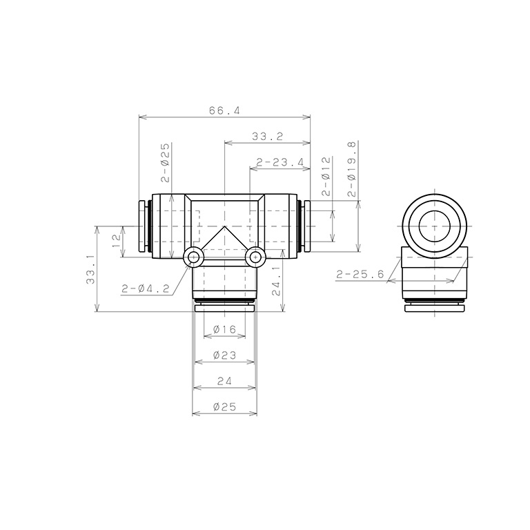 Đầu Nối Nhanh Khí Nén Chữ T Dạng Nối Giảm Pisco PEG12-16-C_drawing