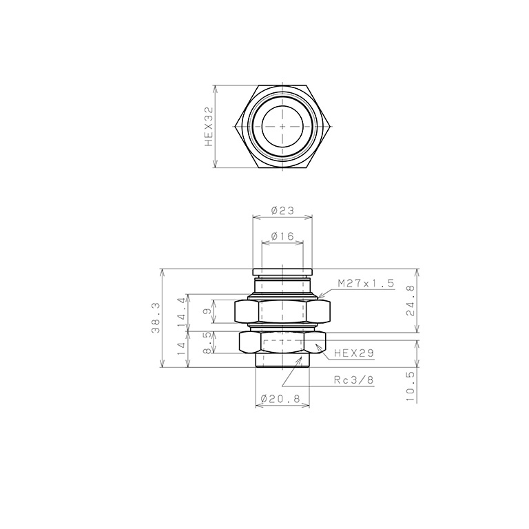 Đầu Nối Nhanh Khí Nén Dạng Thẳng Ren Trong Ngoài Pisco PMF16-03_drawing