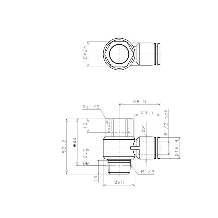 Đầu Nối Nhanh Khí Nén Cong 90° Đầu Lục Giác Trụ Ren Đực Cái Pisco PHF1/2-04_drawing