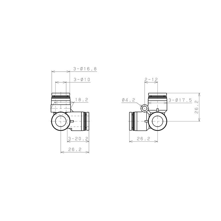 Đầu Nối Nhanh Khí Nén Chạc Ba 90° Pisco PVU10-C_drawing