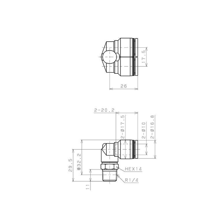 Đầu Nối Nhanh Khí Nén Hai Nhánh Cong 90° Ren Ngoài Pisco PAX10-02W_drawing