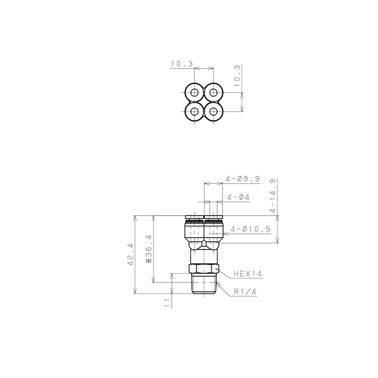 Đầu Nối Nhanh Khí Nén Dạng Chữ Y Bốn Nhánh Ren Ngoài Pisco PRX4-02W_drawing