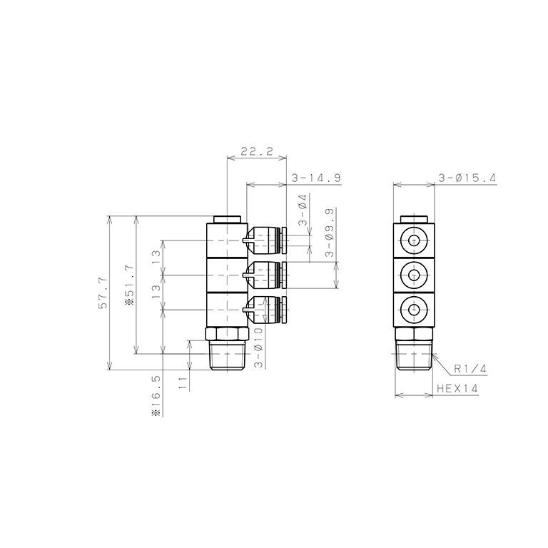 Đầu Nối Nhanh Khí Nén Ba Nhánh Cong 90° Thân Lục Giác Trụ Ren Ngoài Pisco PHT4-02-C_drawing