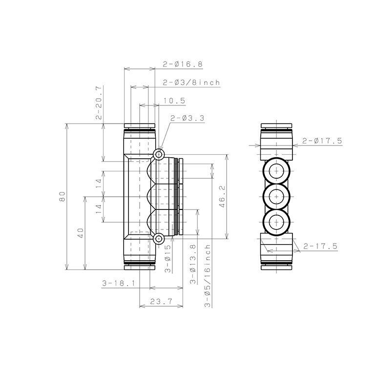 Đầu Nối Nhanh Khí Nén Chữ T 5 Ngã Dạng Nối Giảm Pisco PKG3/8-5/16_drawing