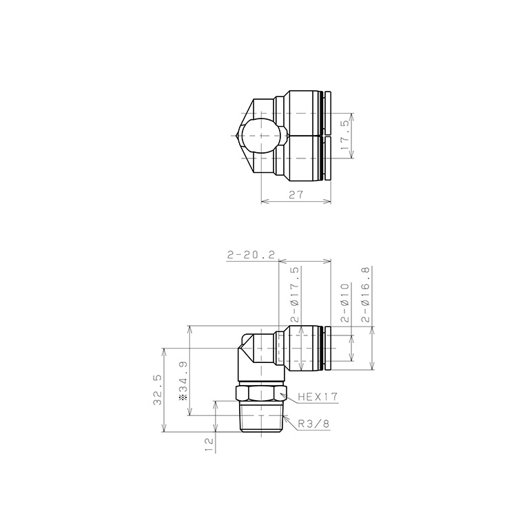 Đầu Nối Nhanh Khí Nén Hai Nhánh Cong 90° Ren Ngoài Pisco PAX10-03_drawing